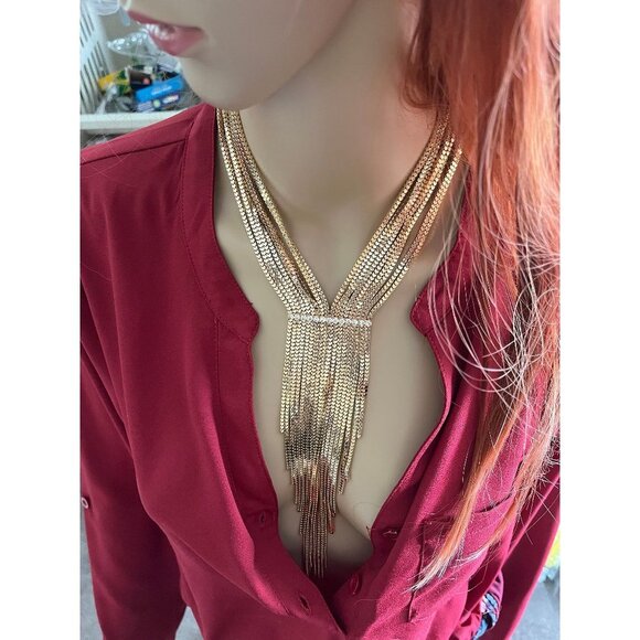 Long necklace gold set fringe bold chain bib tassel & earring statement - Picture 1 of 10